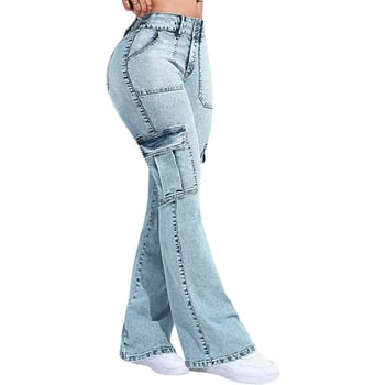 Retro denim nohavice s viacerými vreckami, vysokým pásom, pracovný štýl