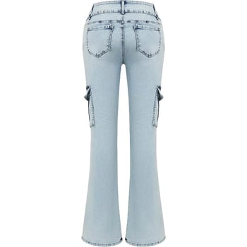 Retro denim nohavice s viacerými vreckami, vysokým pásom, pracovný štýl