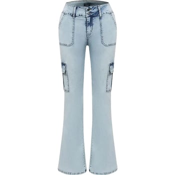 Retro denim nohavice s viacerými vreckami, vysokým pásom, pracovný štýl