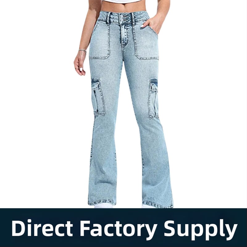 Retro denim nohavice s viacerými vreckami, vysokým pásom, pracovný štýl