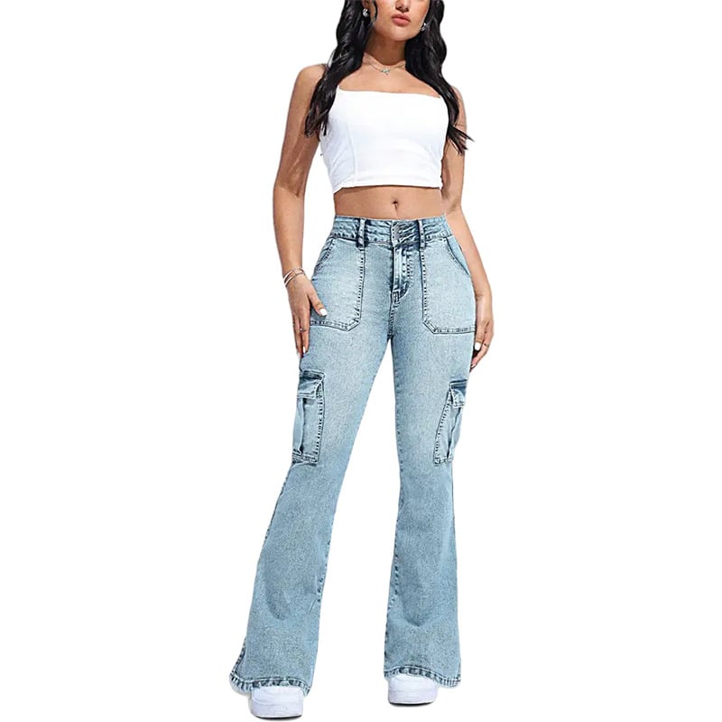 Retro denim nohavice s viacerými vreckami, vysokým pásom, pracovný štýl