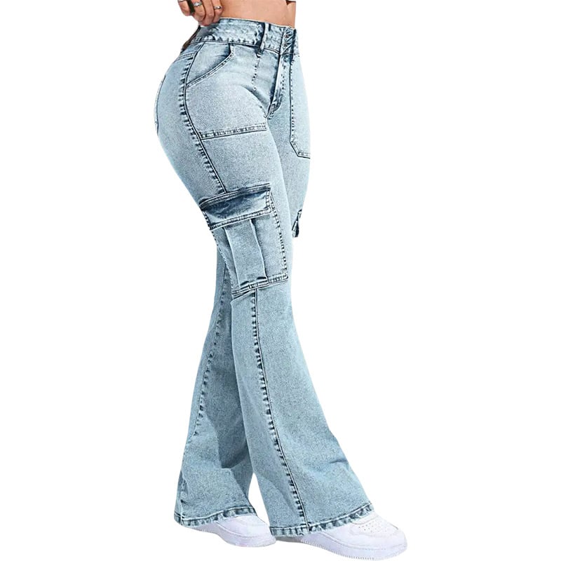 Retro denim nohavice s viacerými vreckami, vysokým pásom, pracovný štýl