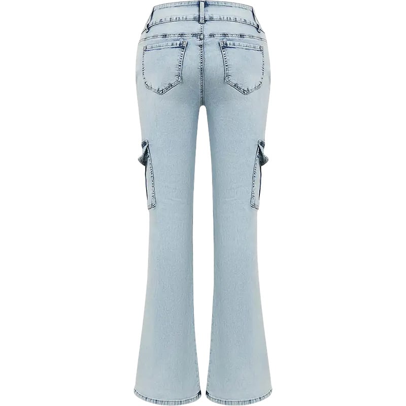 Retro denim nohavice s viacerými vreckami, vysokým pásom, pracovný štýl