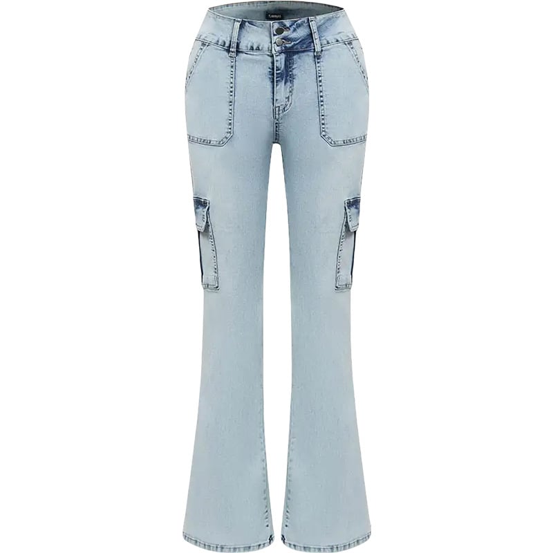 Retro denim nohavice s viacerými vreckami, vysokým pásom, pracovný štýl