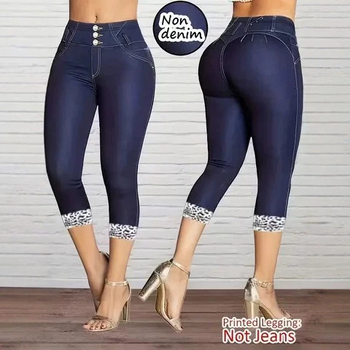 2026 νέο γυναικείο παντελόνι με εκτύπωση σε denim faux, στενή εφαρμογή, ψηλή μέση, μήκος 3/4, casual καθημερινή χρήση