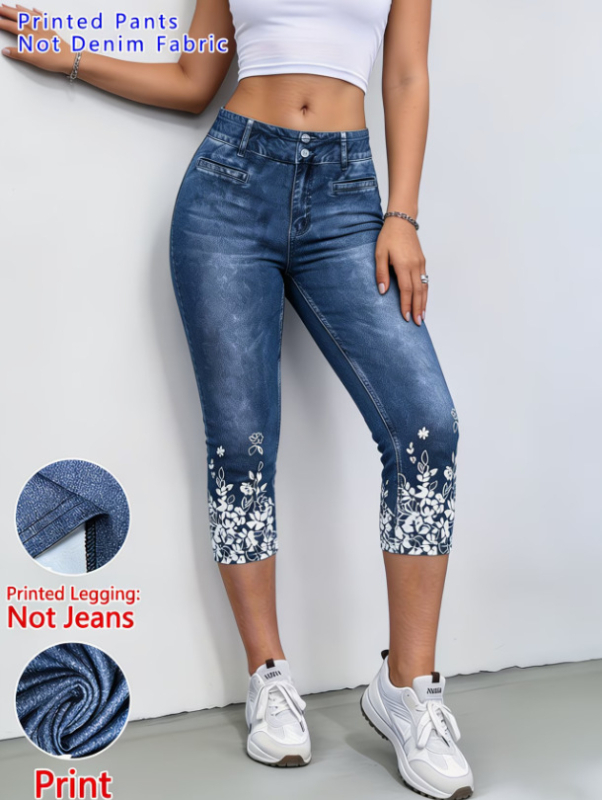 2026 νέο γυναικείο παντελόνι με εκτύπωση σε denim faux, στενή εφαρμογή, ψηλή μέση, μήκος 3/4, casual καθημερινή χρήση