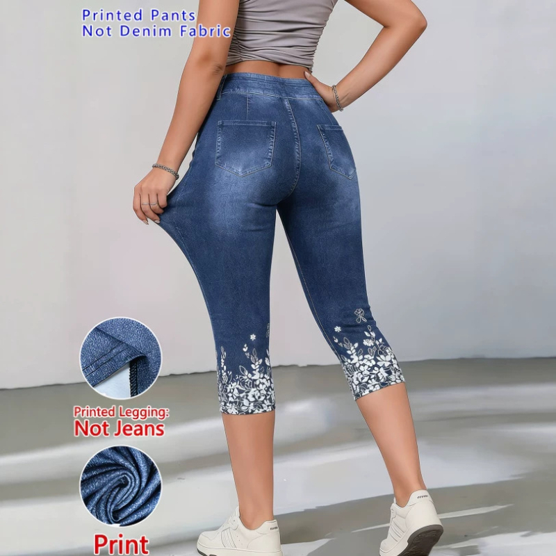 2026 νέο γυναικείο παντελόνι με εκτύπωση σε denim faux, στενή εφαρμογή, ψηλή μέση, μήκος 3/4, casual καθημερινή χρήση