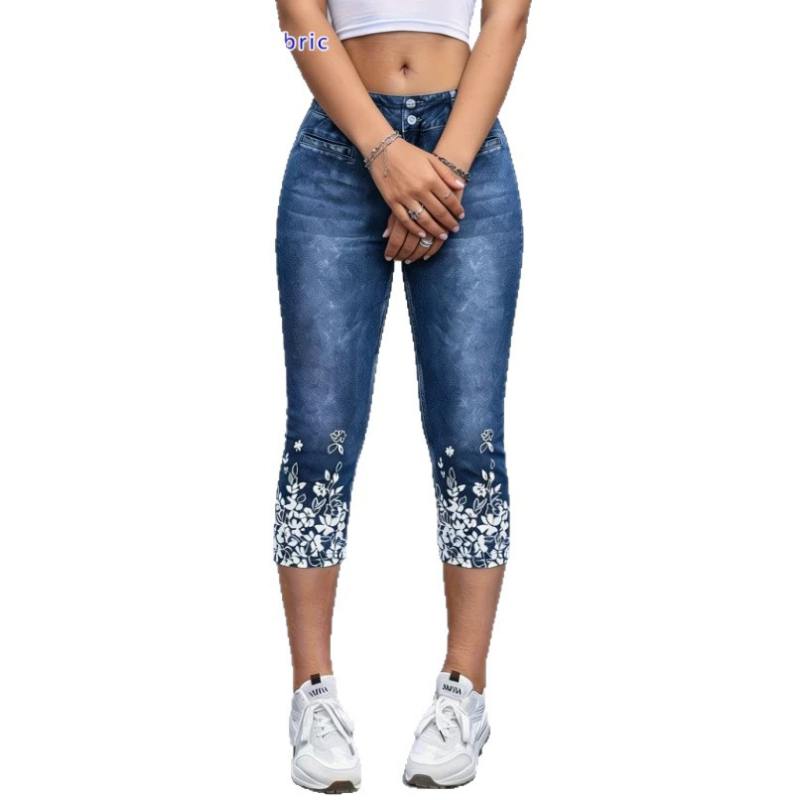 2026 νέο γυναικείο παντελόνι με εκτύπωση σε denim faux, στενή εφαρμογή, ψηλή μέση, μήκος 3/4, casual καθημερινή χρήση