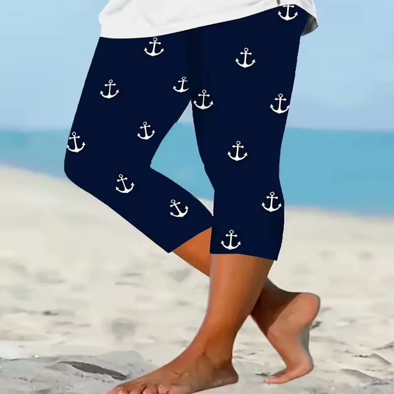 2026 Γυναικείες καπρί παντελόνια γιόγκα με anchor print, λεπτά, Slim Fit, ύφασμα Milk Silk