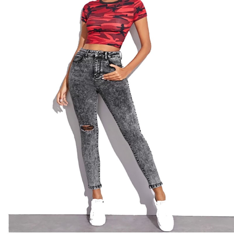 Dámske šedé denim nohavice so strečom, úzky strih, stredná výška pásu, pranie snehových vločiek, vintage inšpirácia