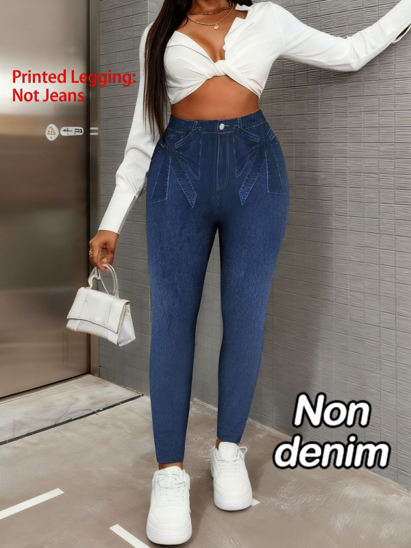Dámske legíny s denimovým vzorom a digitálnou potlačou na každodenné nosenie