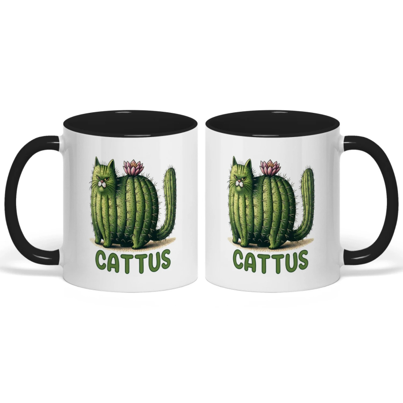 CATTUS Κεραμική κούπα καφέ με σχέδιο γάτας και κάκτου — για τους λάτρεις των γάτων