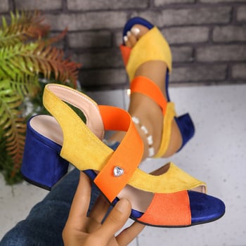 Sandale pentru femei cu design gură de pește, decorațiuni din cristale, partea superioară din velur, talpă din cauciuc, toc mediu 6-8 cm, stil vară arty-retro