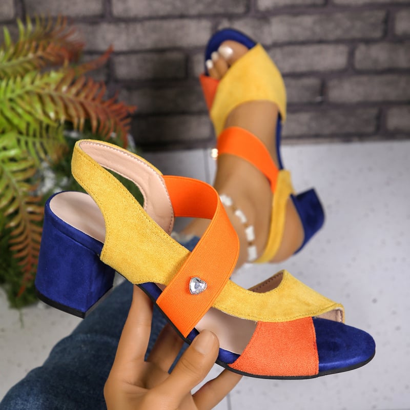 Sandale pentru femei cu design gură de pește, decorațiuni din cristale, partea superioară din velur, talpă din cauciuc, toc mediu 6-8 cm, stil vară arty-retro