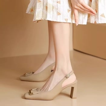 Sandale feminine cu vârf dreptunghiular și toc gros, vară, stil nou cu cataramă pătrată, elegante pentru deplasări zilnice, potrivite cu rochii, bretea simplă