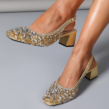 Sandale elegante cu toc înalt, vârf pătrat, cu strasuri, spate deschis, stil prințesă