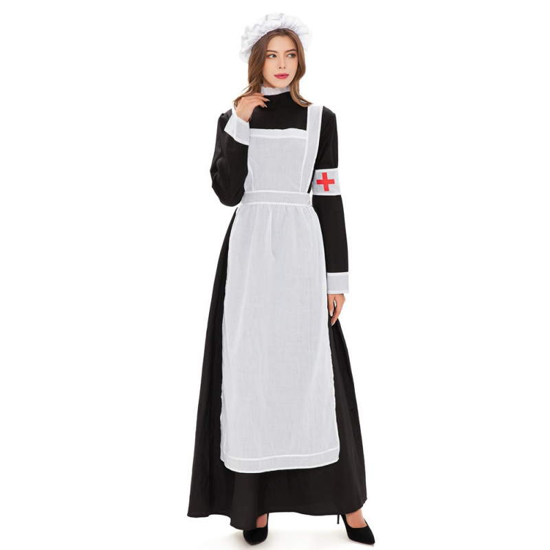 Halloween kostým sestry s červeným krížom, kostým služobníčky na cosplay, dlhé šaty na scénu