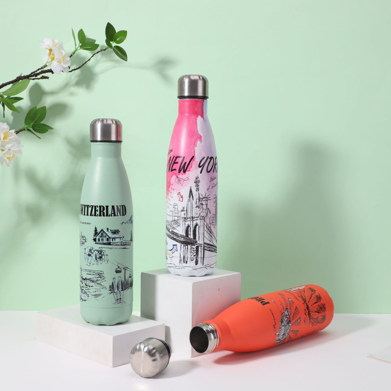 304 rozsdamentes acélból készült szigetelt kulacs, 500 ml, sportos víztartó gravírozható logóval