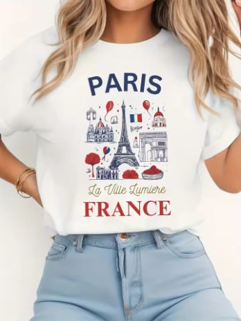 Γυναικείο κοντομάνικο T‑shirt από 100% βαμβάκι με εκτύπωση γράμματος Παρίσι, casual λευκό για καλοκαίρι