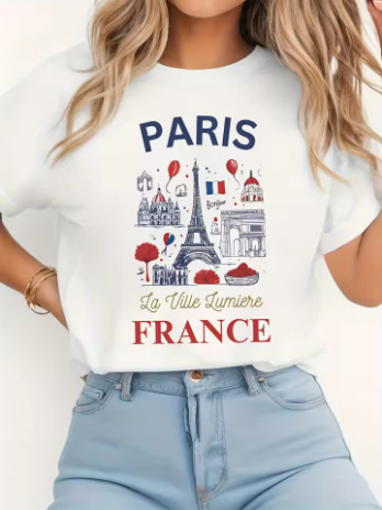 Γυναικείο κοντομάνικο T‑shirt από 100% βαμβάκι με εκτύπωση γράμματος Παρίσι, casual λευκό για καλοκαίρι
