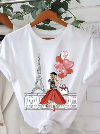 Γυναικείο κοντομάνικο T‑shirt από 100% βαμβάκι με εκτύπωση γράμματος Παρίσι, casual λευκό για καλοκαίρι