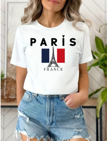 Γυναικείο κοντομάνικο T‑shirt από 100% βαμβάκι με εκτύπωση γράμματος Παρίσι, casual λευκό για καλοκαίρι