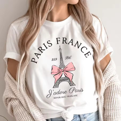 Γυναικείο κοντομάνικο T‑shirt από 100% βαμβάκι με εκτύπωση γράμματος Παρίσι, casual λευκό για καλοκαίρι