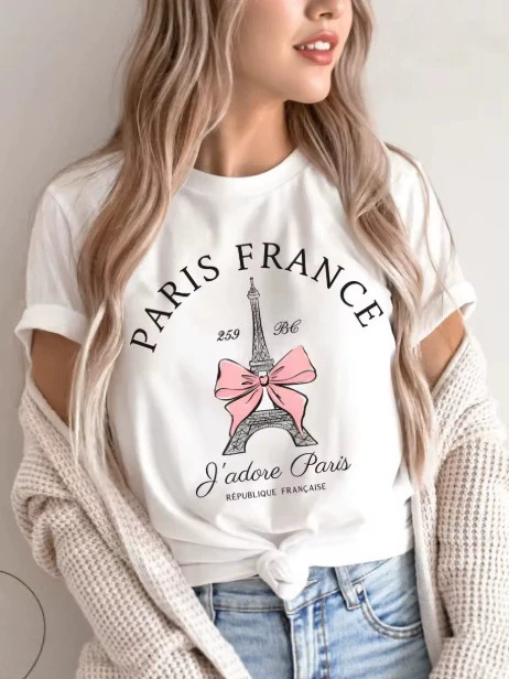Γυναικείο κοντομάνικο T‑shirt από 100% βαμβάκι με εκτύπωση γράμματος Παρίσι, casual λευκό για καλοκαίρι
