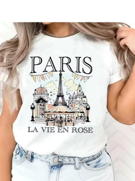 Γυναικείο κοντομάνικο T‑shirt από 100% βαμβάκι με εκτύπωση γράμματος Παρίσι, casual λευκό για καλοκαίρι