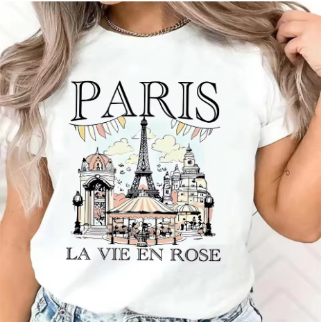 Γυναικείο κοντομάνικο T‑shirt από 100% βαμβάκι με εκτύπωση γράμματος Παρίσι, casual λευκό για καλοκαίρι
