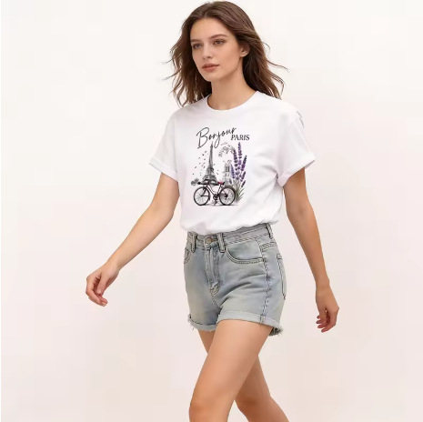 Γυναικείο κοντομάνικο T‑shirt από 100% βαμβάκι με εκτύπωση γράμματος Παρίσι, casual λευκό για καλοκαίρι