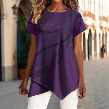 2026 T-shirt με στρογγυλή λαιμόκοψη και κοντά μανίκια, εκτύπωση με γεωμετρικές γραμμές
