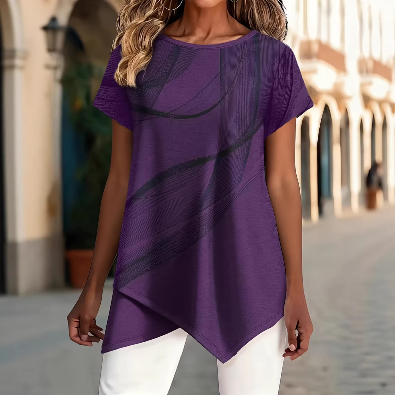 2026 T-shirt με στρογγυλή λαιμόκοψη και κοντά μανίκια, εκτύπωση με γεωμετρικές γραμμές