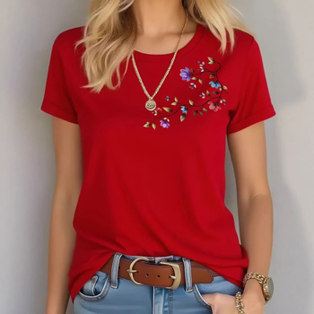 Πολύχρωμο T‑shirt με φλοράλ 2D, στρογγυλό λαιμό, κοντό μανίκι, κομψό καθημερινό ντύσιμο