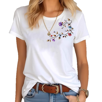Πολύχρωμο T‑shirt με φλοράλ 2D, στρογγυλό λαιμό, κοντό μανίκι, κομψό καθημερινό ντύσιμο
