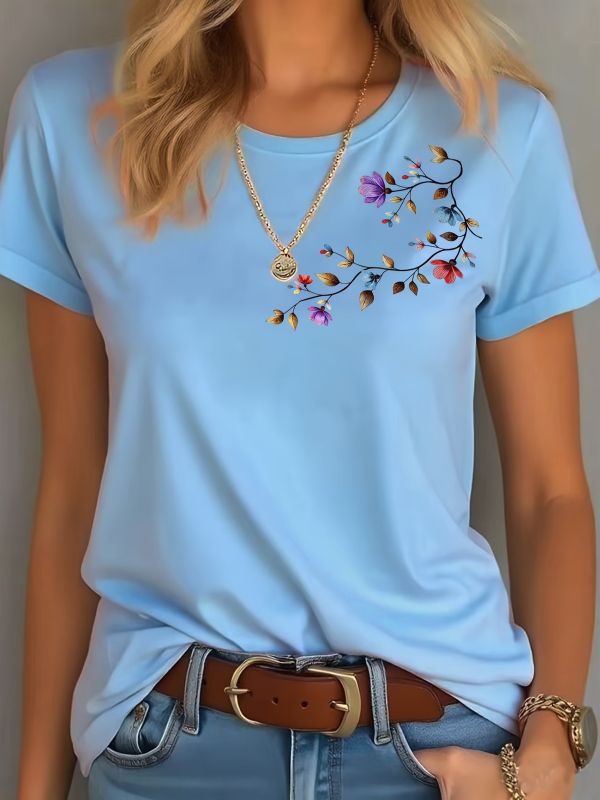 Πολύχρωμο T‑shirt με φλοράλ 2D, στρογγυλό λαιμό, κοντό μανίκι, κομψό καθημερινό ντύσιμο
