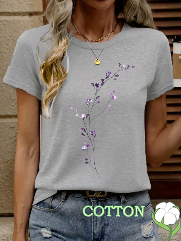 Πολύχρωμο T‑shirt με φλοράλ 2D, στρογγυλό λαιμό, κοντό μανίκι, κομψό καθημερινό ντύσιμο