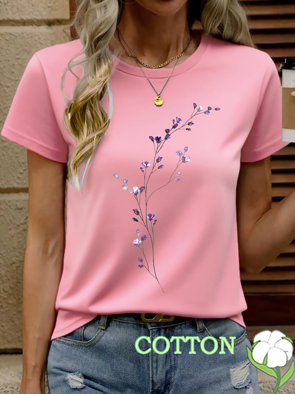 Πολύχρωμο T‑shirt με φλοράλ 2D, στρογγυλό λαιμό, κοντό μανίκι, κομψό καθημερινό ντύσιμο