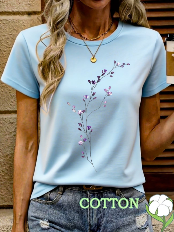 Πολύχρωμο T‑shirt με φλοράλ 2D, στρογγυλό λαιμό, κοντό μανίκι, κομψό καθημερινό ντύσιμο