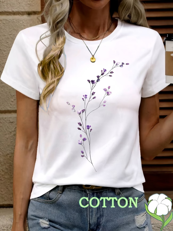 Πολύχρωμο T‑shirt με φλοράλ 2D, στρογγυλό λαιμό, κοντό μανίκι, κομψό καθημερινό ντύσιμο