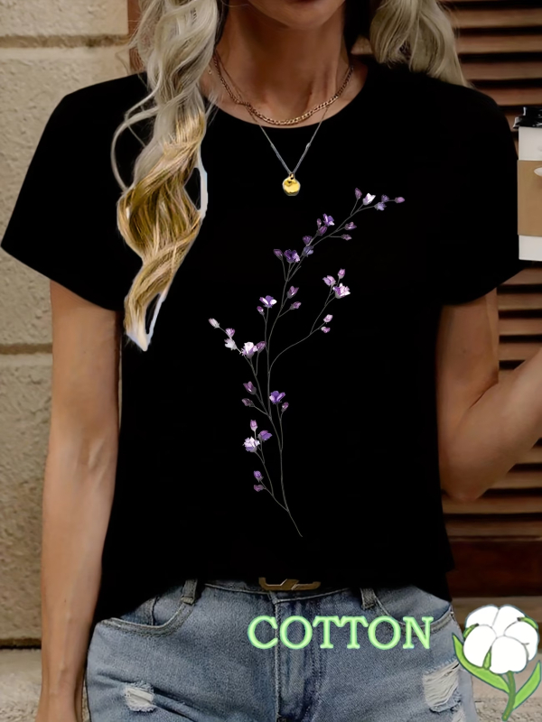Πολύχρωμο T‑shirt με φλοράλ 2D, στρογγυλό λαιμό, κοντό μανίκι, κομψό καθημερινό ντύσιμο