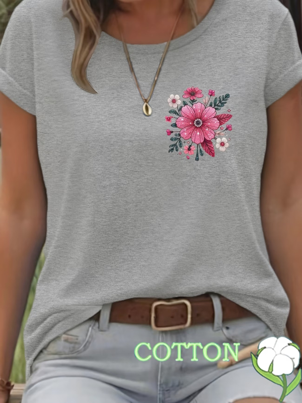Πολύχρωμο T‑shirt με φλοράλ 2D, στρογγυλό λαιμό, κοντό μανίκι, κομψό καθημερινό ντύσιμο