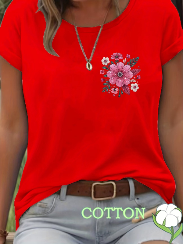 Πολύχρωμο T‑shirt με φλοράλ 2D, στρογγυλό λαιμό, κοντό μανίκι, κομψό καθημερινό ντύσιμο