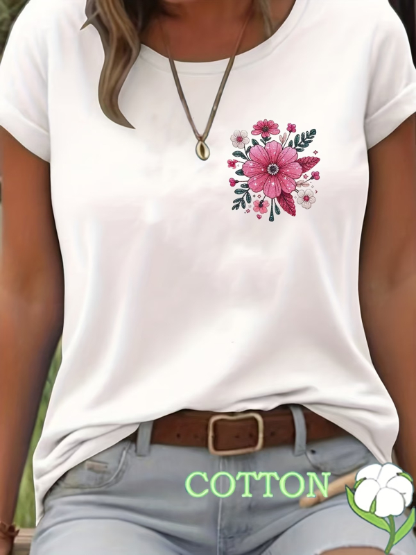 Πολύχρωμο T‑shirt με φλοράλ 2D, στρογγυλό λαιμό, κοντό μανίκι, κομψό καθημερινό ντύσιμο