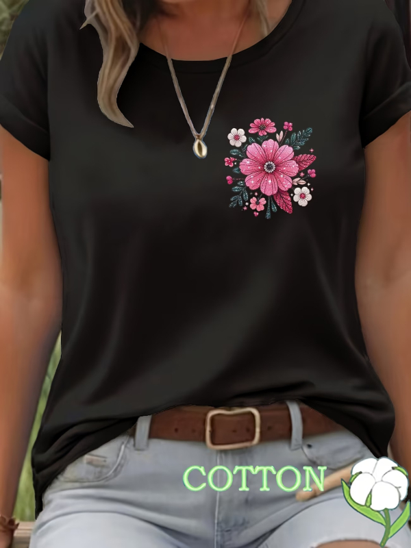 Πολύχρωμο T‑shirt με φλοράλ 2D, στρογγυλό λαιμό, κοντό μανίκι, κομψό καθημερινό ντύσιμο