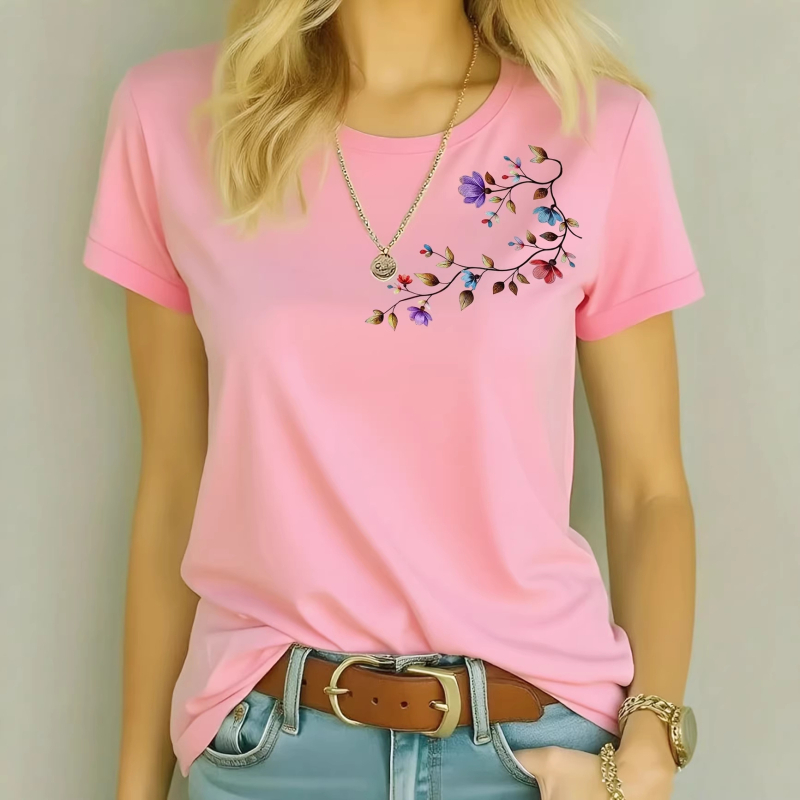 Πολύχρωμο T‑shirt με φλοράλ 2D, στρογγυλό λαιμό, κοντό μανίκι, κομψό καθημερινό ντύσιμο
