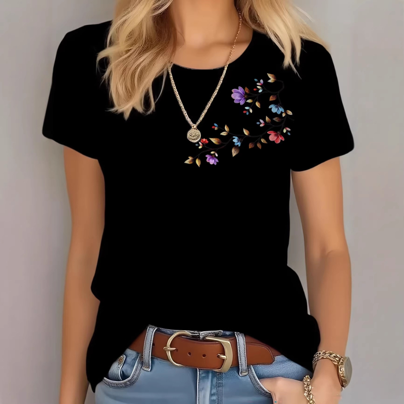 Πολύχρωμο T‑shirt με φλοράλ 2D, στρογγυλό λαιμό, κοντό μανίκι, κομψό καθημερινό ντύσιμο
