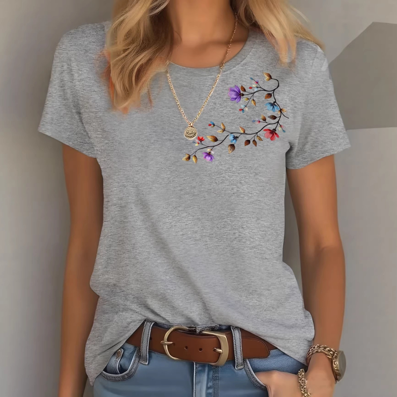 Πολύχρωμο T‑shirt με φλοράλ 2D, στρογγυλό λαιμό, κοντό μανίκι, κομψό καθημερινό ντύσιμο