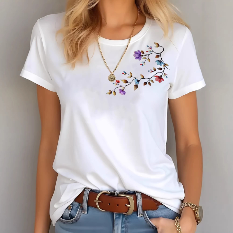 Πολύχρωμο T‑shirt με φλοράλ 2D, στρογγυλό λαιμό, κοντό μανίκι, κομψό καθημερινό ντύσιμο