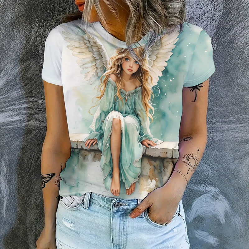 Κοντομάνικο T-shirt με εκτύπωση λουλουδιών σε μπλε και μωβ, μοντέρνο στυλ δάσους, άνετο και ευέλικτο